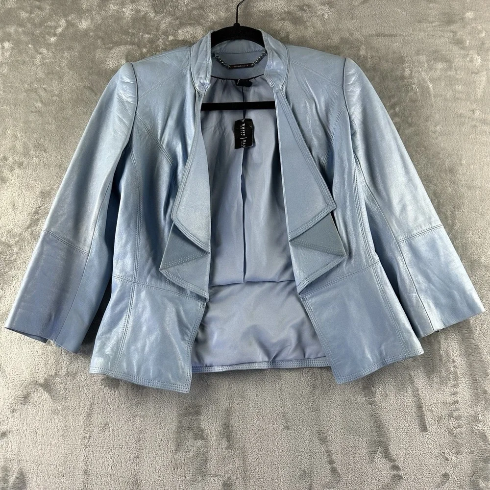 White House Black Market Leather Jacket Women's XXS Blue Cascading Lapel 3/4 NEW - Picture 1 of 13